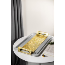 Otantik Asalah Iron Serving Tray, Grey And Gold, Elegant Serving Tray For Home, Kitchen, Living Room, Ramadan, And Special Occasions, Durable Decorative Tray