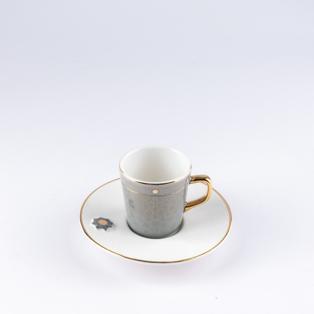 Otantik Asalah Set Of 6 Coffee Cups And 6 Saucers, Grey And Gold Ceramic, Elegant Coffee Set For Home, Office, Ramadan And Special Occasions, Premium Tea Cups