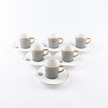 Otantik Asalah Set Of 6 Coffee Cups And 6 Saucers, Grey And Gold Ceramic, Elegant Coffee Set For Home, Office, Ramadan And Special Occasions, Premium Tea Cups
