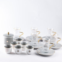 Otantik Asalah Set Of 6 Cups, 6 Saucers, 6 Arabic Coffee Cups And Sugar Pot, Grey And Gold Ceramic, Elegant Coffee Set For Home, Office, Ramadan And Special Occasions, Premium Tea And Coffee Serving Set
