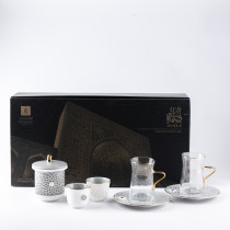 Otantik Asalah Set Of 6 Cups, 6 Saucers, 6 Arabic Coffee Cups And Sugar Pot, Grey And Gold Ceramic, Elegant Coffee Set For Home, Office, Ramadan And Special Occasions, Premium Tea And Coffee Serving Set