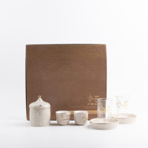 Otantik Jiwar Set Of 6 Cups, 6 Saucers, 6 Arabic Coffee Cups, And Sugar Pot, Beige And Gold Shining, Elegant Ceramic Coffee And Tea Set For Home, Office, Ramadan, And Special Occasions, Premium Serving Set