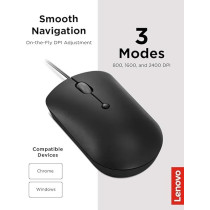 Lenovo 400 USB-C Wired Compact Mouse, 4 Button USB Mouse for Laptops and Computers, Adjustable 2400 DPI, Left or Right Hand, GY51D20875, Black