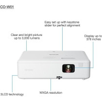 Epson CO-W01 WXGA Projector, 3LCD Technology, 3,000 Lumen Brightness, 378Inches Screen Size, White, Compact