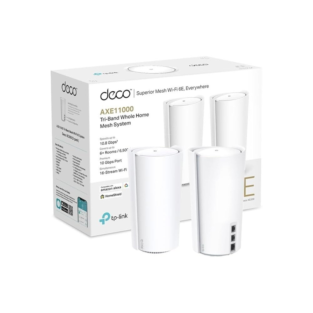 TP-Link Deco XE200 AXE11000 Whole Home Mesh Wi-Fi 6E System, Tri-Band Wi-Fi, Gigabit Ports, AI-Driven Mesh, Cover Up To 6,500 ft2, Connect Up To 200 Devices, 2.2 GHz Quad-Core CPU, HomeShield, Pack of 2