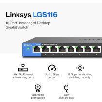 Linksys LGS116 16 Port Gigabit Unmanaged Network Switch Home/Office Ethernet Switch Hub with Metal Housing Wall Mount or Desktop Ethernet Splitter, Easy Plug And Play Connection