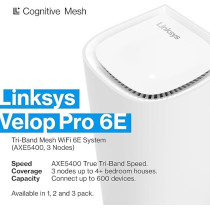 Linksys Velop Pro WiFi 6E Tri-Band Mesh System MX6203-KE - Cognitive Mesh Router with 6 Ghz Band Access And 5.4 Gbps True Gigabit Speed Whole-Home Coverage up to 9,000 sq. ft. And 200 Devices - 3 Pack