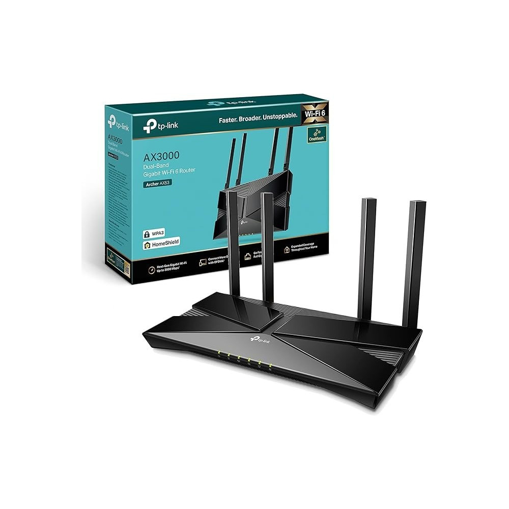 TP-Link WiFi 6 OneMesh Router, AX3000 Mbps Gigabit VPN Router, Dual-Core CPU Fibre Router, WPA3 Cybersecurity, Ideal for Gaming Xbox/PS4/Steam, Compatible with Alexa, Archer AX53