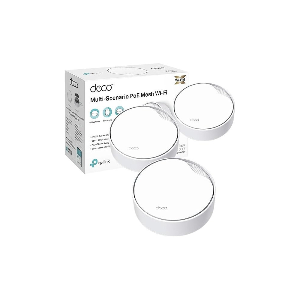 TP-Link Deco X50-PoE AX3000 Whole Home Mesh Wi-Fi 6 System with PoE, Dual-Band, AI-Driven Mesh, cover up to 6,500 ft2, Connect up to 150 devices, 1.0 GHz Dual-Core CPU, HomeShield, Pack of 3
