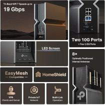 TP-Link Tri-Band BE19000 WiFi 7 Router, Archer BE800, 12-Stream 19 Gbps, 2 × 10G Plus 4 × 2.5G Ports, LED Screen, 8 High-Performance Antennas, VPN, Easy Mesh, 4 × 4 MU-MIMO, HomeShield, Private IoT