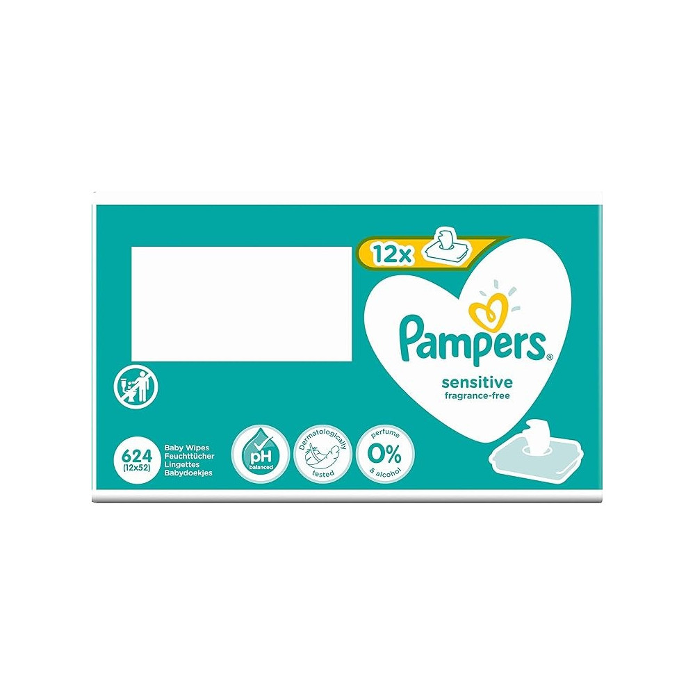 Pampers Sensitive Baby Wet Wipes 624 Wipes (12 x 52) Unscented For A Gentle And Soft Cleansing