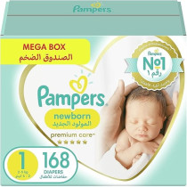 Pampers Premium Care Newborn Taped Diapers, Size 1, 2-5Kg, Unique Softest Absorption For Ultimate Skin Protection, 168 Count