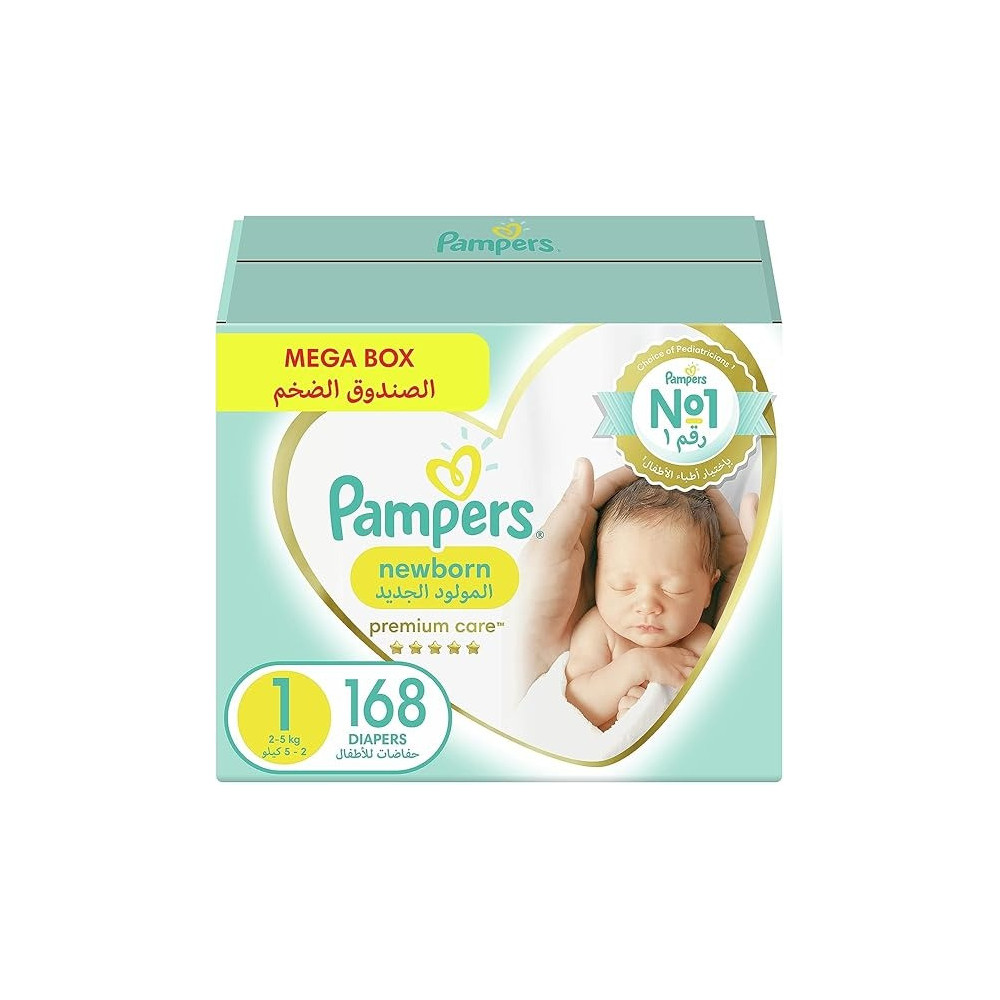 Pampers Premium Care Newborn Taped Diapers, Size 1, 2-5Kg, Unique Softest Absorption For Ultimate Skin Protection, 168 Count