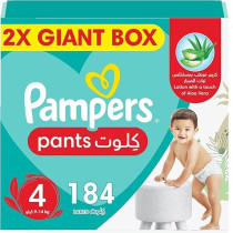 Pampers Baby-Dry Pants Diapers With Aloe Vera Lotion, 360 Fit And Up To 100% Leakproof, Size 4, 9-14Kg, Double Mega Box, 184 Count