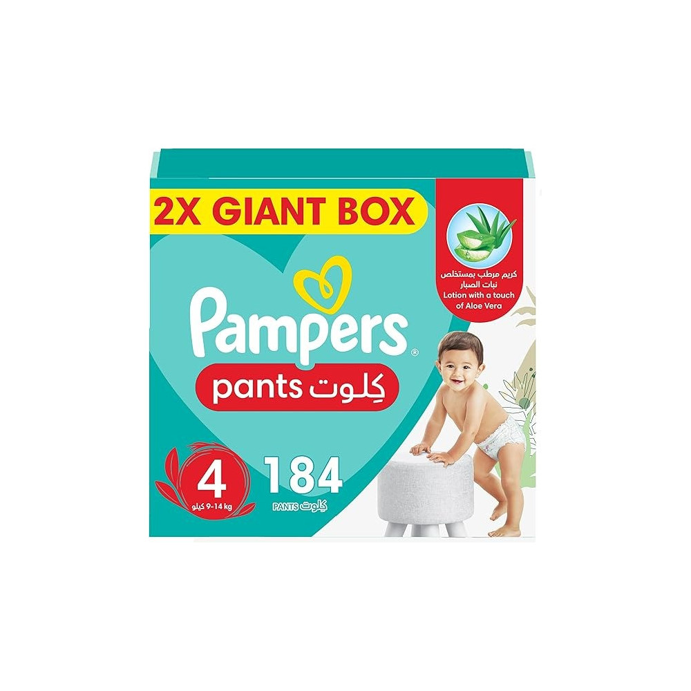 Pampers Baby-Dry Pants Diapers With Aloe Vera Lotion, 360 Fit And Up To 100% Leakproof, Size 4, 9-14Kg, Double Mega Box, 184 Count