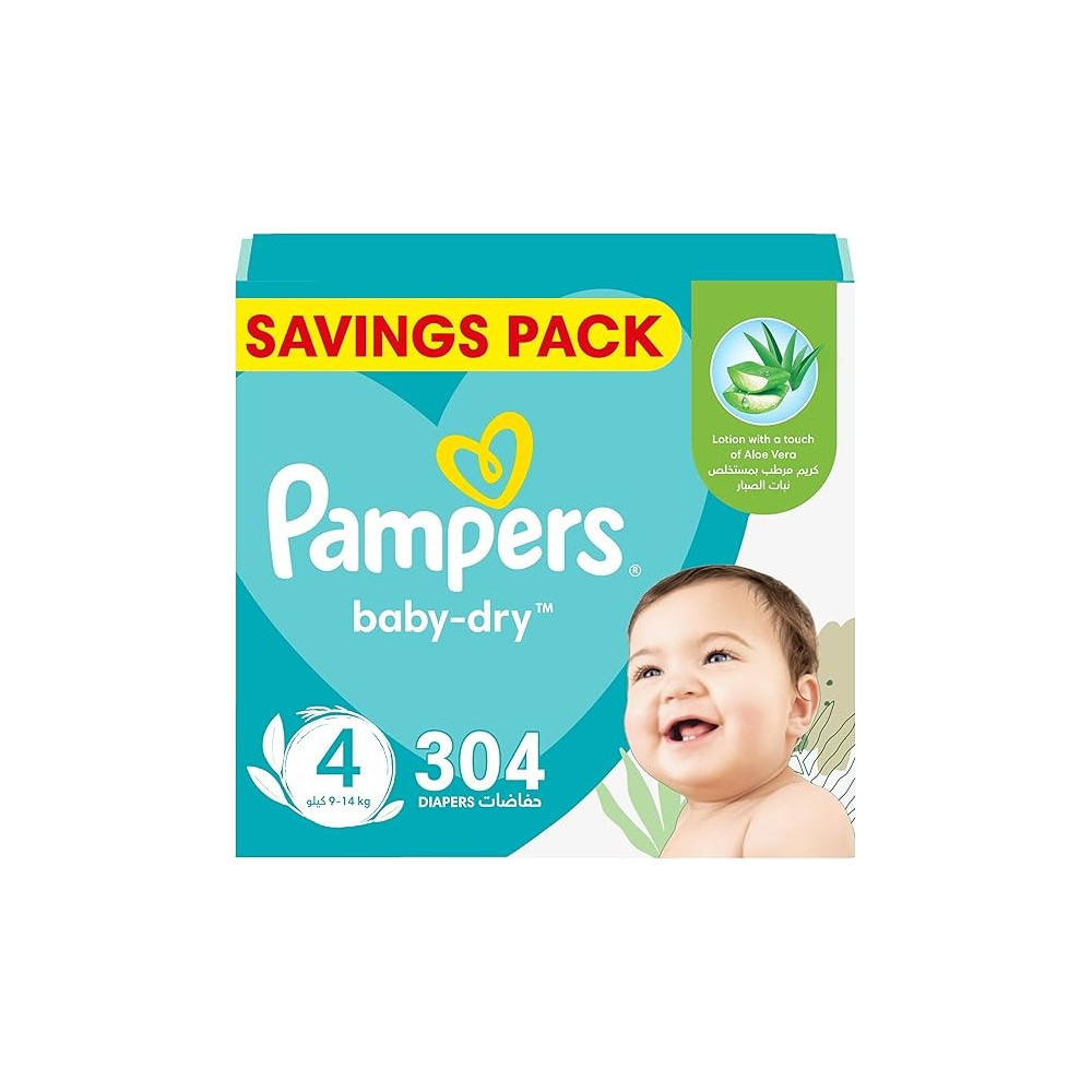 Pampers Baby-Dry Taped Diapers With Aloe Vera Lotion, Up To 100% Leakage Protection, Size 4, 9-14Kg, 304 Count
