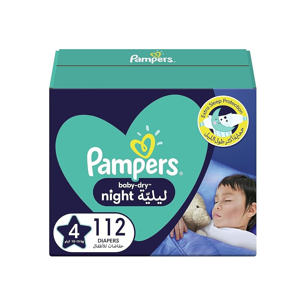Pampers Baby-Dry Night Diapers For Extra Sleep Protection, Size 4, 10-15Kg, 112 Diaper Count