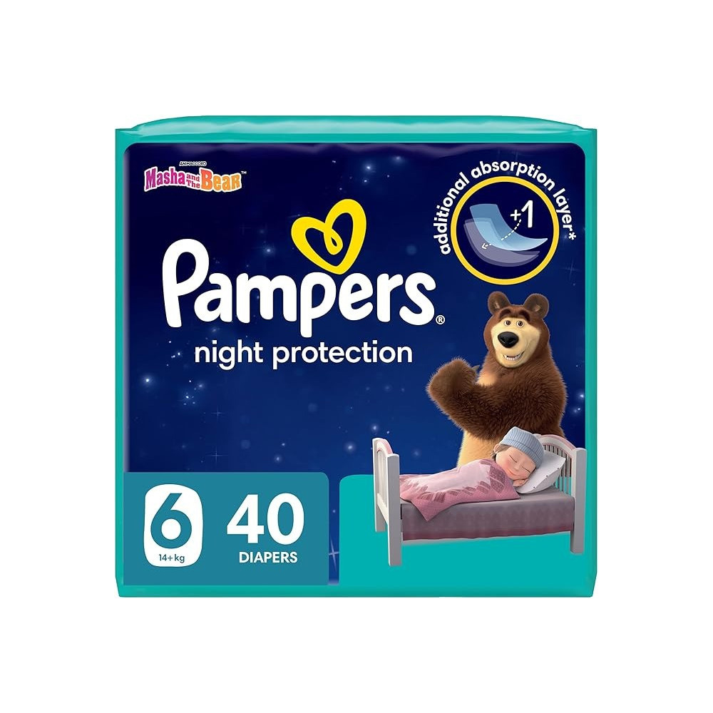 Pampers Baby-Dry Night Diapers Additional Absorption Layer For Overnight Leakage Protection, Size 6, 14 Plus Kg, 40 Diaper Count