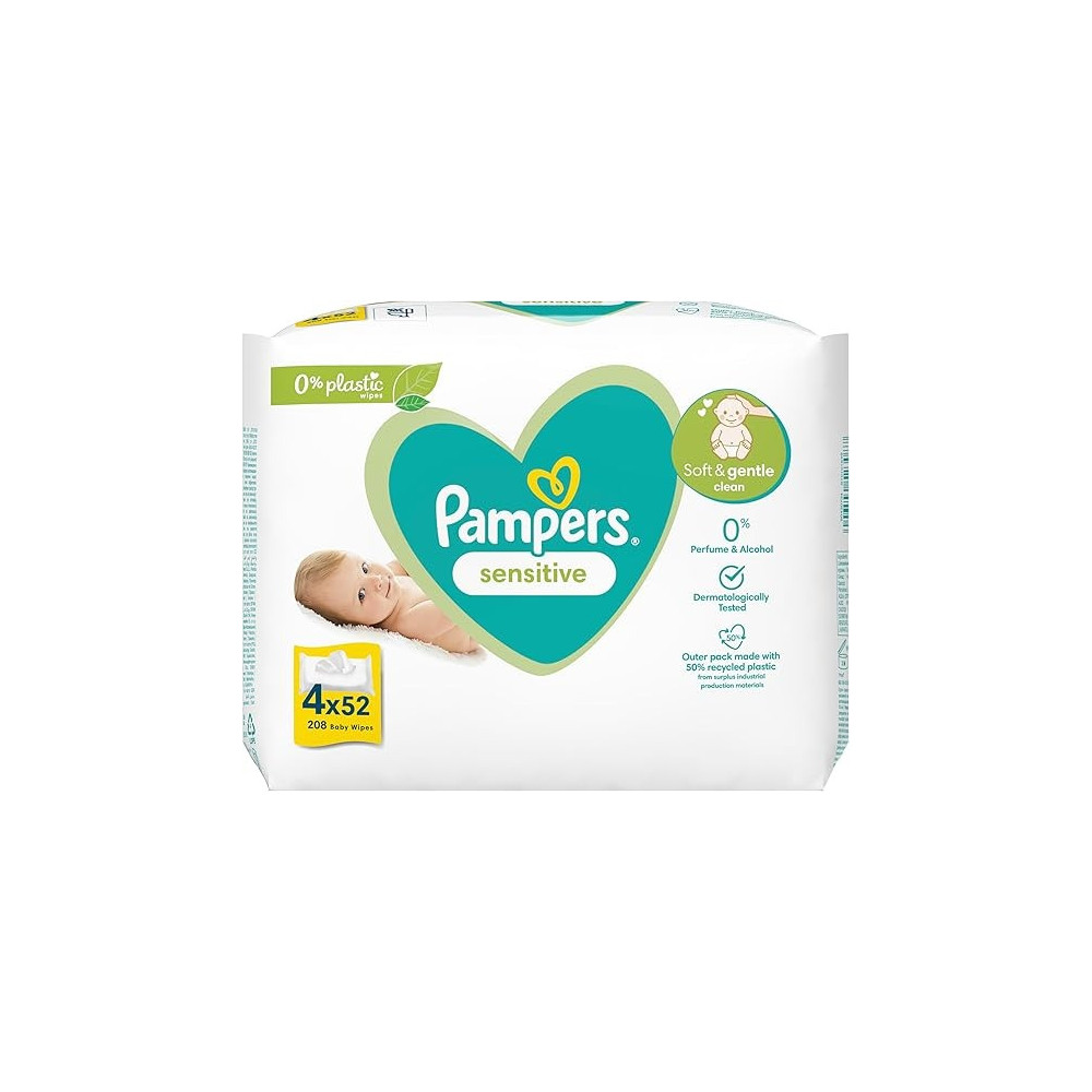 Pampers Sensitive Wet Wipes For Children, 4 Packs Of 52 Tissues 208 Wipes, Gentle Cleaning Of Sensitive Baby Skin