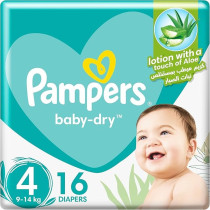 Pampers Baby-Dry Taped Diapers With Aloe Vera Lotion, Up To 100% Leakage Protection, Size 4, 9-14Kg, 16 Count