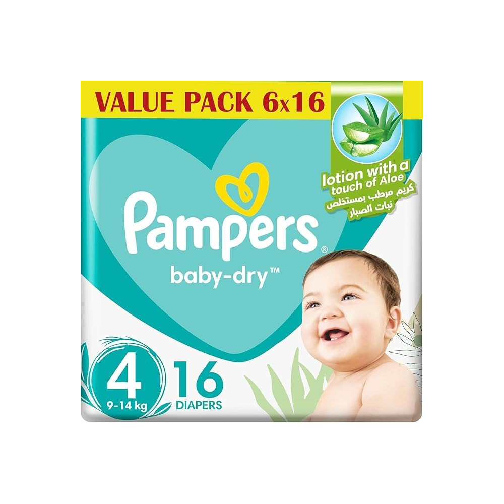 Pampers Baby Dry Taped Diapers With Aloe Vera Lotion, Up To 100% Leakage Protection, Size 4, 9-14Kg, 96(16 x 6) Count