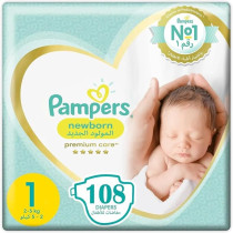Pampers Premium Care Newborn Taped Diapers, Size 1, 2-5Kg, Unique Softest Absorption For Ultimate Skin Protection, 108 Count