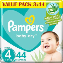 Pampers Baby Dry Taped Diapers With Aloe Vera Lotion, Up To 100% Leakage Protection, Size 4, 9-14Kg, 132(44 x 3) Count