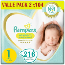Pampers Premium Care Newborn Taped Diapers, Size 1, 2-5Kg, Unique Softest Absorption For Ultimate Skin Protection, 216 Count