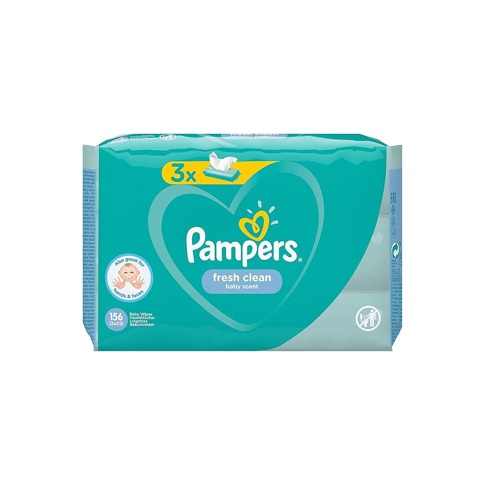 Pampers Fresh Clean 81688041 Baby Wipes, Pack Of 52, Wet Baby Wipe, Plastic Bag, Girl/Boy, Turquoise, White