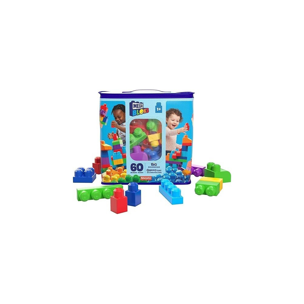 Mega Blokes Big Building Bag Building Set With 60 Big And Colourful Building Blocks, And 1 Storage Bag, Toy Gift Set For Ages 1 And Up
