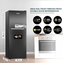 Nikai 410L No-Frost Double Door Refrigerator With Vegetable Crisper And Adjustable Glass Shelves, Temperature Control, Lock And Key, Led Light, Ideal For Kitchen, Office And Hotels, NRF410FSS9, 1 Year Warranty