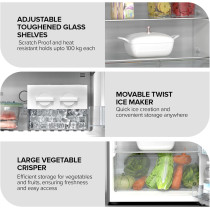 Nikai 410L No-Frost Double Door Refrigerator With Vegetable Crisper And Adjustable Glass Shelves, Temperature Control, Lock And Key, Led Light, Ideal For Kitchen, Office And Hotels, NRF410FSS9, 1 Year Warranty