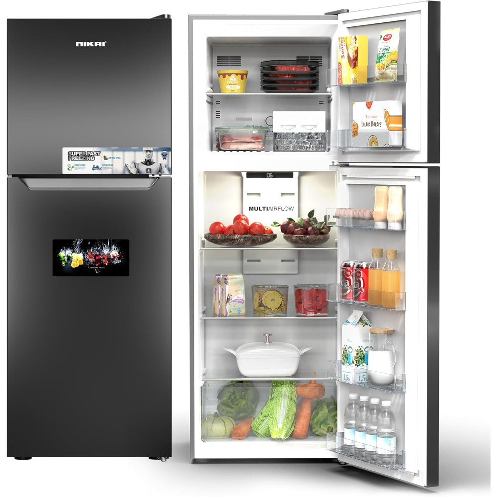 Nikai 410L No-Frost Double Door Refrigerator With Vegetable Crisper And Adjustable Glass Shelves, Temperature Control, Lock And Key, Led Light, Ideal For Kitchen, Office And Hotels, NRF410FSS9, 1 Year Warranty