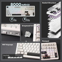 Epomaker X Aula F99 Wireless Mechanical Keyboard, Hot Swappable Gasket Custom Gaming Keyboard With Five-Layer Padding, Bluetooth/2.4Ghz/Usb-C, 8000Mah Battery (White Grey, Graywood V3 Switch)