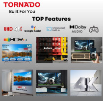 Tornado 4K UHD Frameless Smart TV 65 Inch Android, Black, Youtube, Netflix, Big Size Ultra HD Television With Full Size Screen, No Frame 65UA1410E