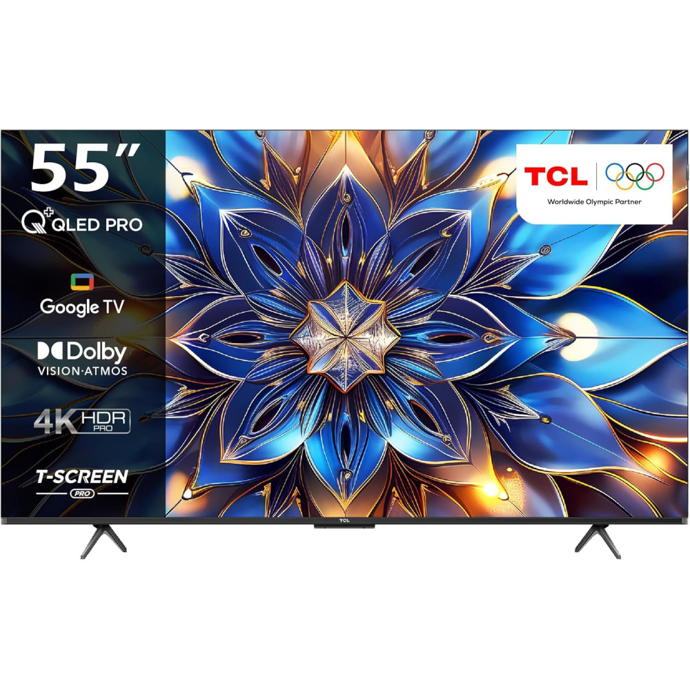 TCL television 55 Inch Smart TV 4K QLED Pro HDR 10+ Google TV, Quantum Dot Technology, Dolby Vision- Atmos,MEMC,2GB RAM+32GB ROM,Game Master, Slim Design 55T7B, Black