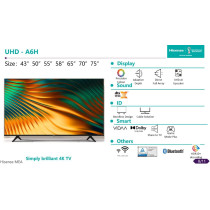 Hisense 70 Inch Tv 4K UHD 4K Smart Tv, With Dolby Vision Hdr, Dts Virtual X, Youtube, Netflix, HDR 10+, Bazelless, Share to TV, Bluetooth & Wifi Black Model 70A61HAAE