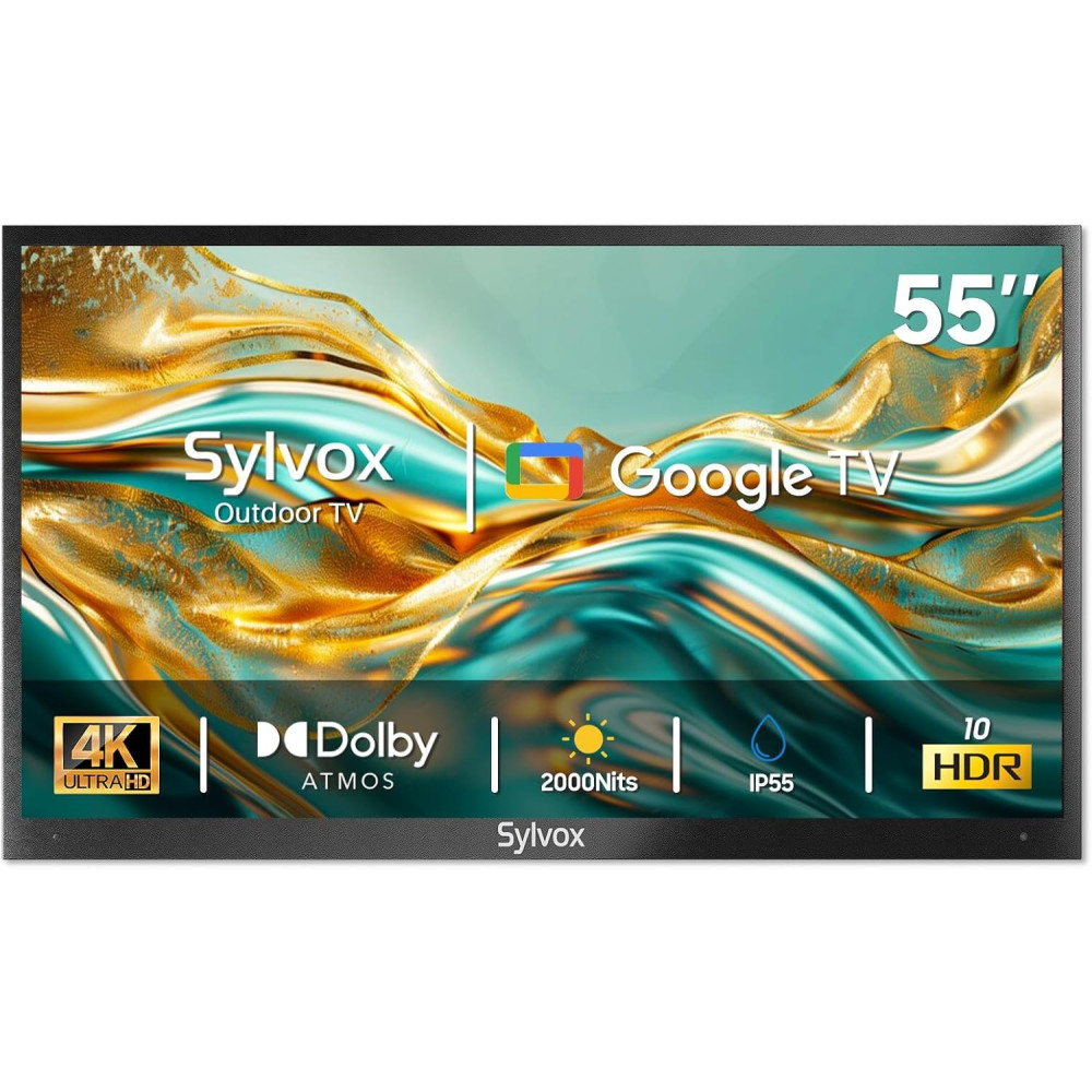 SYLVOX 55 inch Smart TV Compatible with Google TV, 4K LED 2000 Nit Brightness Partially Sunlight Readable Outdoor TV with Voice Remote, Screencast, IP55 Waterproof TV for Home Terrace Garden