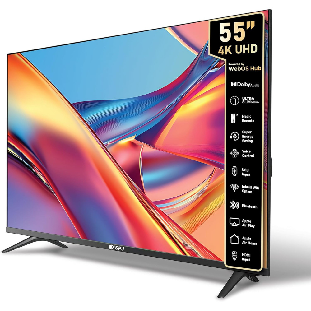 SPJ 55 Inch 4K Ultra HD LED Smart WebOS TV, Dolby Audio, Magic Remote, Apple AirPlay, WIFI/HDMI/USB Ports, WebOS Smart TV, Apps - YouTube/Netflix/Prime Black, 4KS55BLX