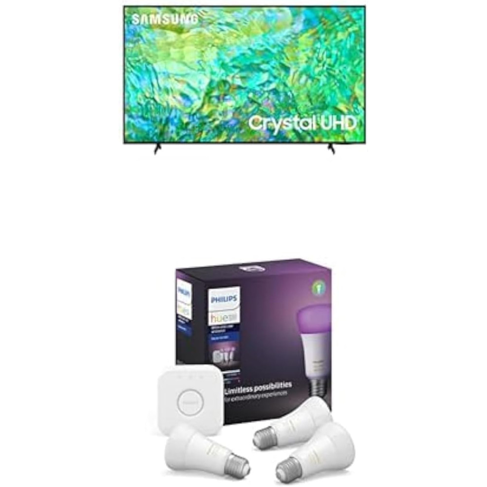 Samsung 55 Inch TV Crystal UHD 4K AirSlim Crystal Processor 4K - UA55CU8100UXZN, Bundled With Philips Hue Ambiance LED Smart Bulb - Starter Kit (3 Bulbs And Bridge)