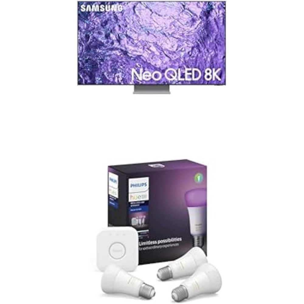 Samsung Smart TV, Neo QLED 8K, QN700C, 55 Inch, Titan Black, 2023, Dolby Atmos, QA55QN700CUXZN Bundled With Philips Hue Ambiance LED Smart Bulb - Starter Kit (3 Bulbs And Bridge)