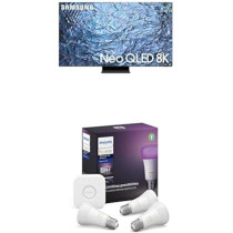 Samsung 65 Inch TV Neo QLED 8K Neural Quantum Processor 8K Infinity Screen - QA65QN900CUXZN, Bundled With Philips Hue Ambiance LED Smart Bulb - Starter Kit (3 Bulbs And Bridge)