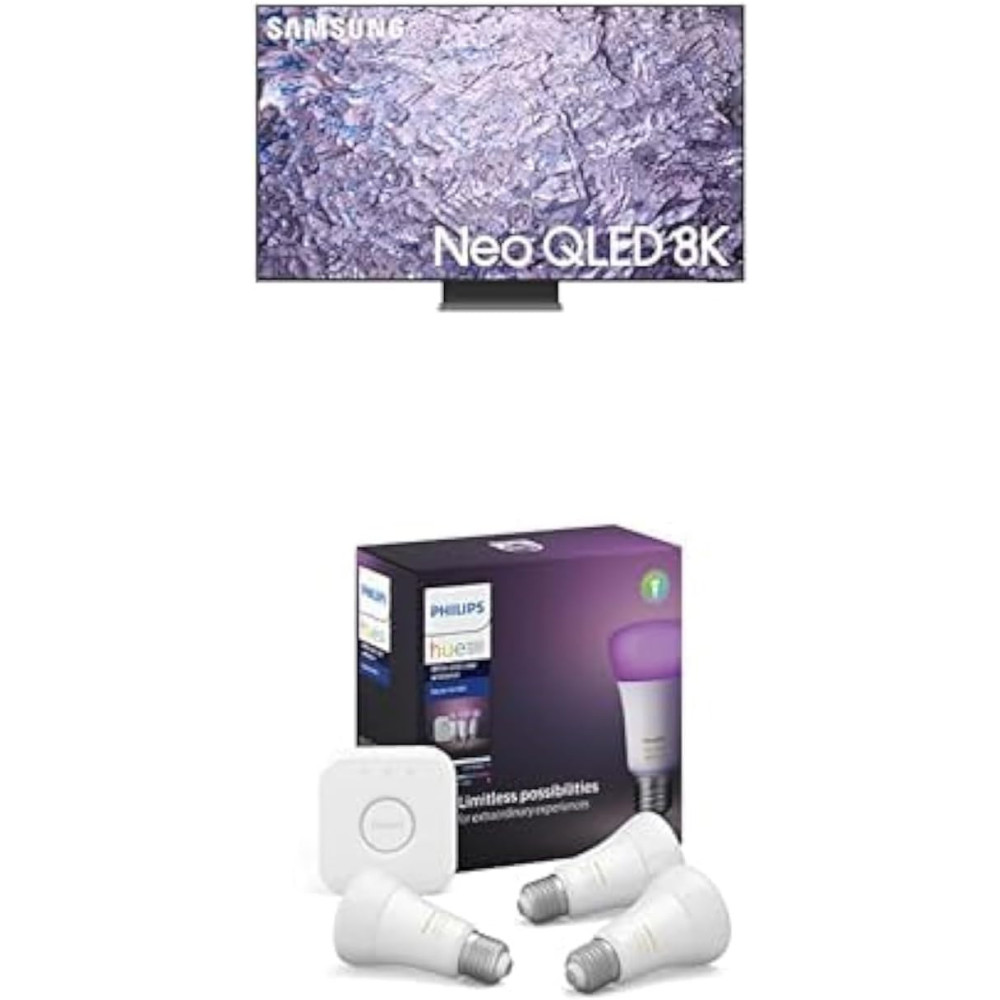 Samsung 85 Inch TV Neo QLED 8K Quantum Matrix Technology Pro 8K Resolution - QA85QN800CUXZN, Bundled With Philips Hue Ambiance LED Smart Bulb - Starter Kit (3 Bulbs And Bridge)