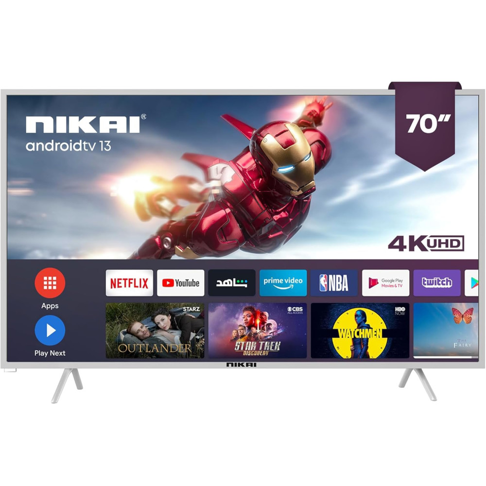 Nikai 70 Inch Ultra Slim 4K UHD Smart LED TV, Android 13, Built-In Wi-Fi and Smart Apps - Youtube and Shahid, Powerfull A55 Quad Core Processor, UHD70SLEDT