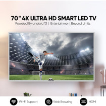 Nikai 70 Inch Ultra Slim 4K UHD Smart LED TV, Android 13, Built-In Wi-Fi and Smart Apps - Youtube and Shahid, Powerfull A55 Quad Core Processor, UHD70SLEDT