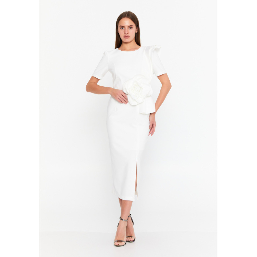 Short Sleeve Midi Polyester Column Regular Evening Dress, White
