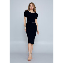 Short Sleeve Midi Crepe Column Regular Evening Dress