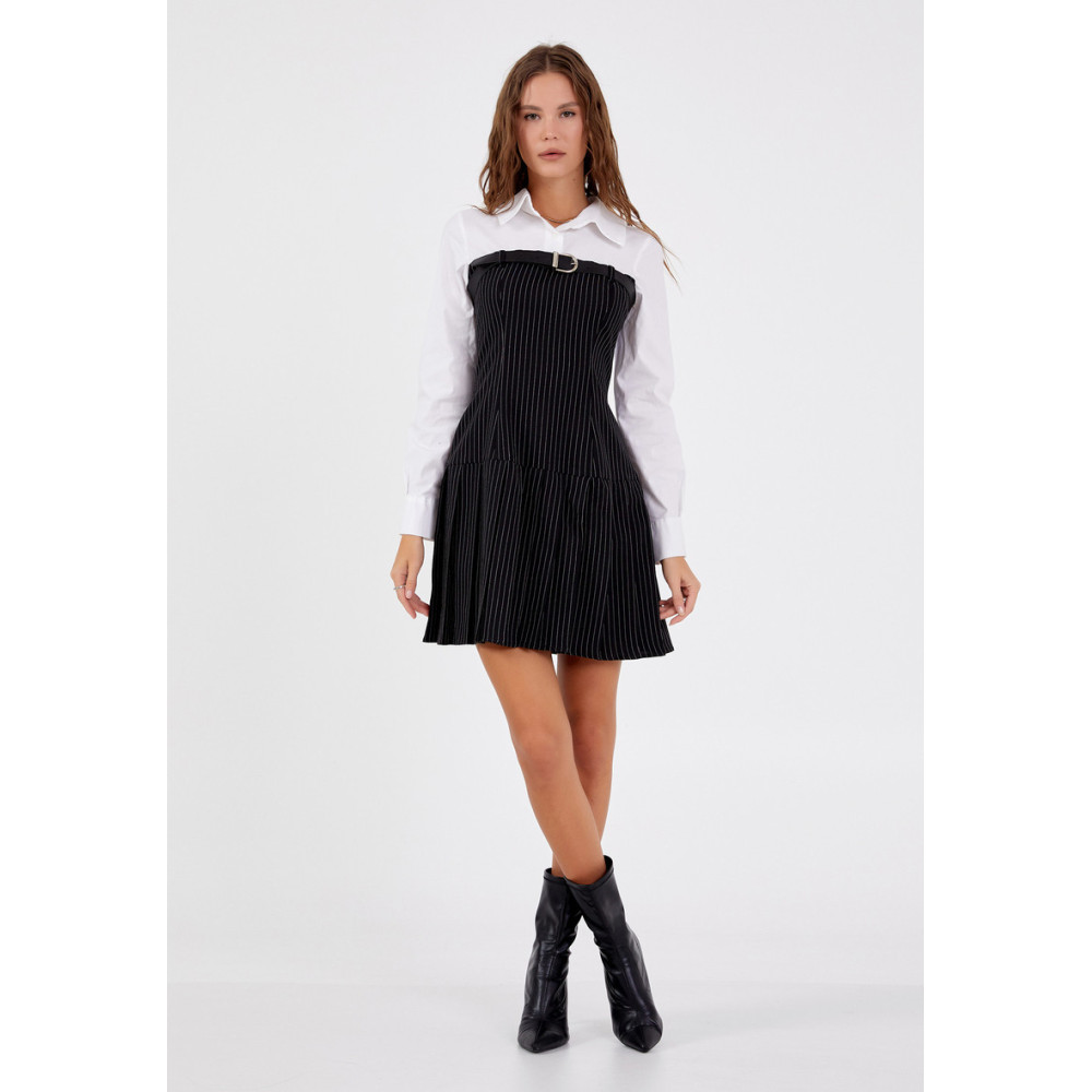Long Sleeve Mini Polyester Column Regular Casual Dress, Black And White