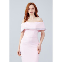 Off Shoulder Midi Crepe Column Regular Evening Dress