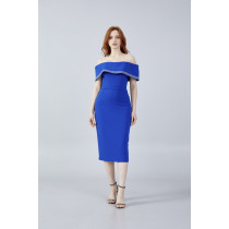 Off Shoulder Midi Crepe Column Regular Evening Dress
